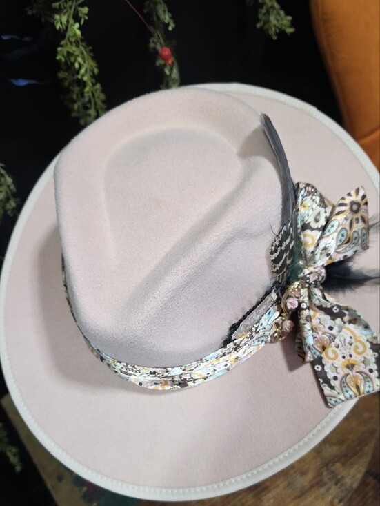 OOAK Blush Wide-Brim Fedora Hat with Paisley Scarf Detail & Accents main image 7